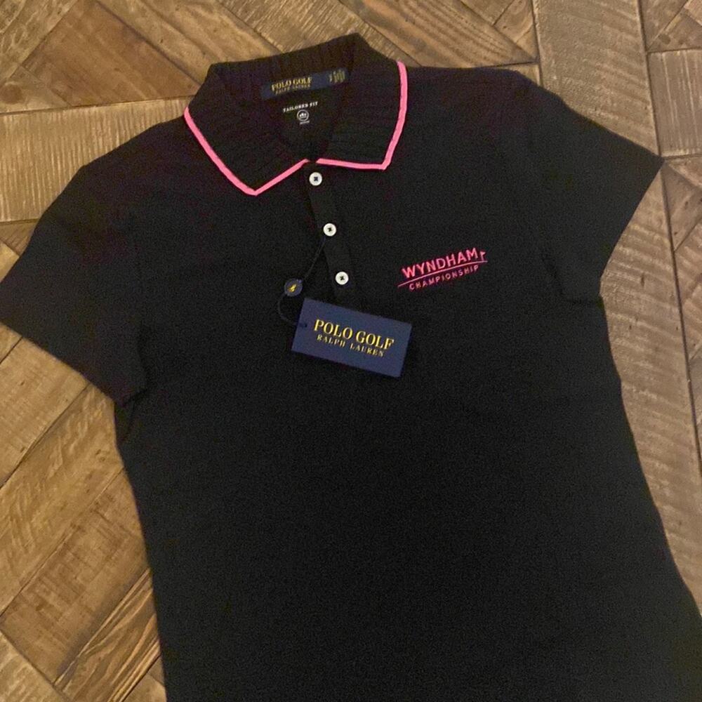 NWT Polo Golf by Ralph Lauren black with pink shirt sleeve polo. Size S